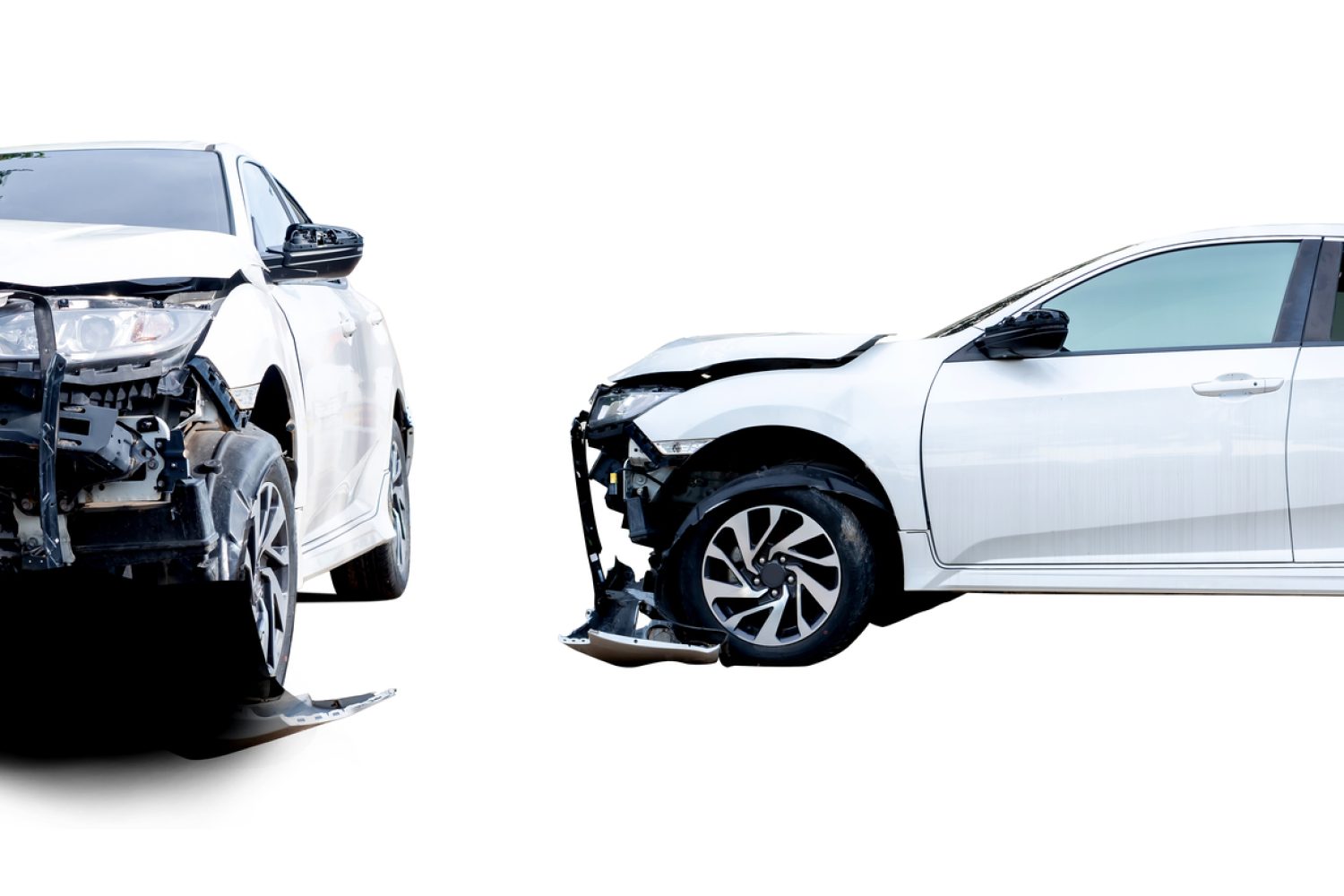 Front and side view  of white car get damaged by accident on the road. damaged cars after collision. Isolated on white background with clipping path